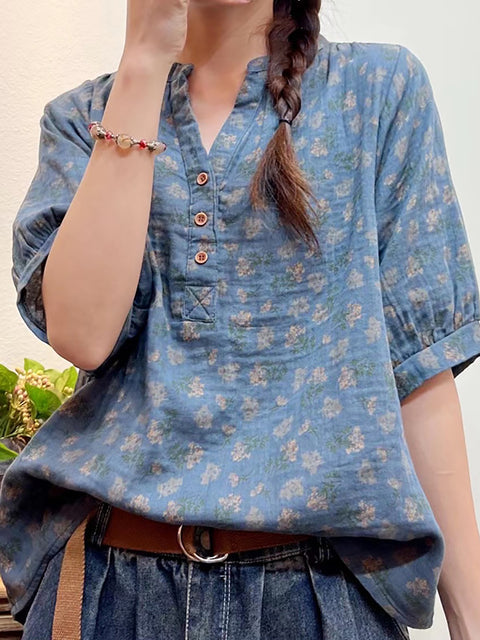 Plus Size Women Summer Artsy Floral Button Loose Shirt