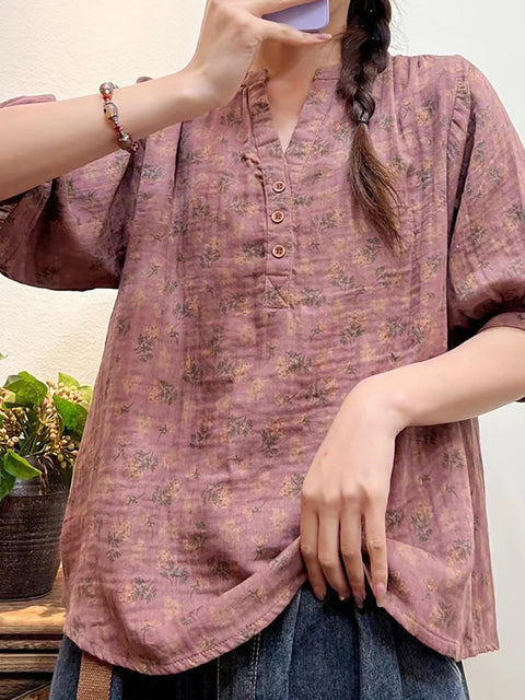 Plus Size Women Summer Artsy Floral Button Loose Shirt