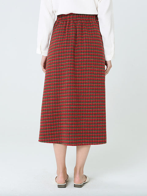 Plus Size Women Plaid Loose Spring Pocket Elastic Waist Skirt