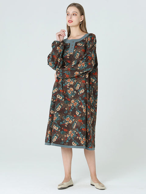 Vestido largo suelto floral de manga larga de talla grande para primavera y otoño