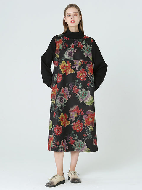 Vestido de primavera invierno de manga larga con cuello alto y estampado floral de talla grande M-2XL