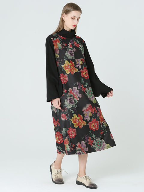 Vestido de primavera invierno de manga larga con cuello alto y estampado floral de talla grande M-2XL