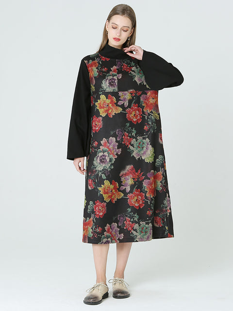 Vestido de primavera invierno de manga larga con cuello alto y estampado floral de talla grande M-2XL