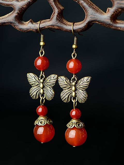 (2 pares) Pendientes de ágata roja de mariposa retro