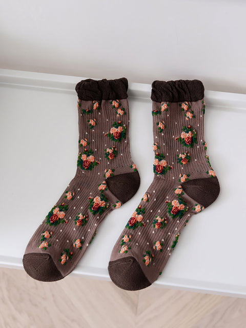 5 Pairs Women Vintage Floral Thin Socks