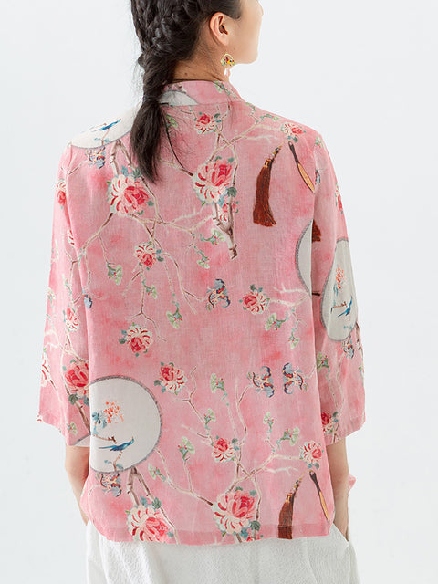 Talla PLUS - Camisa irregular informal vintage con estampado floral de lino