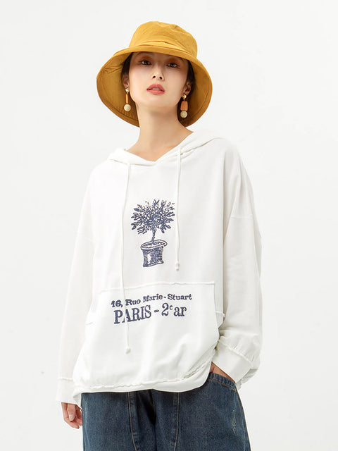 Plant Print 100% Cotton Hooded Spring Sweatshirt