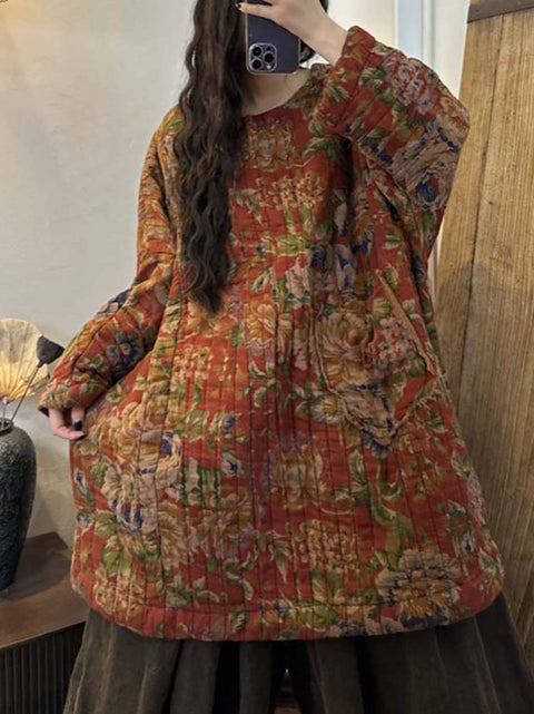 Abrigo cálido holgado con bolsillo y estampado floral étnico de invierno para mujer de talla grande