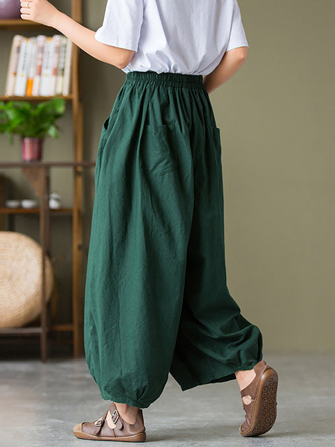 Pantalones casuales tipo farol con bolsillos de lino y algodón de talla grande para mujer